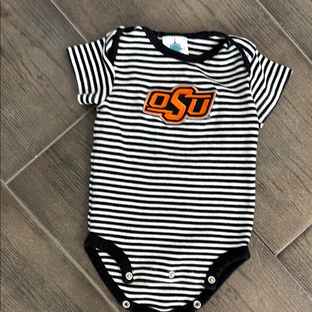 Oklahoma State Striped Black and White Baby Onesie. Size 3-6M.